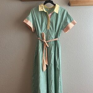 Entro Green Striped Dress with Yellow and Pink Accents